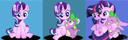 Size: 2397x756 | Tagged: safe, artist:dsana, spike, starlight glimmer, twilight sparkle, twilight sparkle (alicorn), alicorn, dragon, pony, unicorn, :<, baby, baby dragon, blue background, comic, cute, eyes closed, female, folded wings, frown, glimmerbetes, hair flip, hair over one eye, horn, hug, looking down, male, mare, nuzzling, panels, sad, sadlight glimmer, signature, simple background, sitting, smiling, spikabetes, squishy cheeks, starlight day, surprise hug, twiabetes, wide eyes, wings