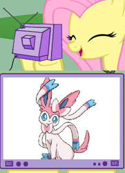 Size: 504x697 | Tagged: safe, fluttershy, pegasus, pony, exploitable meme, happy, ninfia, nymphia, obligatory pony, pokémon, pokémon x and y, sylveon, tv meme