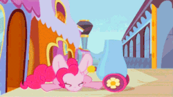 Size: 498x279 | Tagged: safe, artist:bunsofcheese, pinkie pie, earth pony, pony, animated, cannon, confetti, friendship express, party cannon, train