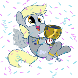 Size: 800x800 | Tagged: safe, artist:aa, derpy hooves, pegasus, pony, /mlp/, 4chan, 4chan babby cup, 4chan cup, babby cup, buzzing wings, clothes, confetti, cute, derpabetes, female, football, futbol, happy, jersey, mare, mvp, safest hooves, socks, solo, sports, trophy, victory, winner