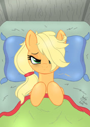 Size: 900x1270 | Tagged: safe, artist:joakaha, applejack, earth pony, pony, bed, bed mane, messy mane