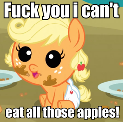 Size: 605x602 | Tagged: safe, applejack, earth pony, pony, apple family reunion, baby, baby pony, babyjack, image macro, vulgar