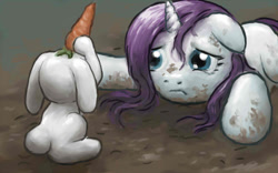 Size: 1000x625 | Tagged: safe, artist:zmok, angel bunny, rarity, pony, unicorn, carrot, dirty, wet mane