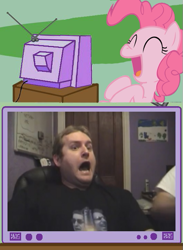 Size: 439x600 | Tagged: safe, pinkie pie, human, pony, exploitable meme, laughing, mack, mack and mesh, meme, mesh, scared, tv meme