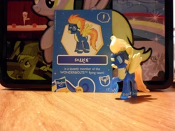 Size: 4608x3456 | Tagged: safe, derpy hooves, soarin', spitfire, pegasus, pony, collector card, error, female, figure, mare, toy, you had one job