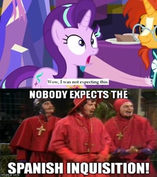 Size: 854x960 | Tagged: safe, edit, edited screencap, screencap, starlight glimmer, sunburst, pony, unicorn, celestial advice, equestrian pink heart of courage, meme, misquotes, monty python, spanish inquisition