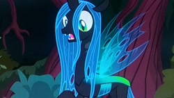 Size: 2560x1440 | Tagged: safe, screencap, queen chrysalis, changeling, changeling queen, the mean 6, female, open mouth, picture of a screen, solo, surprised