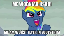 Size: 600x339 | Tagged: safe, derpibooru import, edit, edited screencap, screencap, evil pie hater dash, rainbow dash, pegasus, pony, secrets and pies, backwards name, bizarro, engrish, image macro, meme