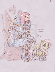 Size: 600x777 | Tagged: safe, artist:powermoloch, fluttershy, armor, badass, fantasy class, flutterbadass, human ponidox, humanized, knight, looking at you, paladin, reinforced sapphirum, sitting, smiling, warcraft, warrior, watermark, world of warcraft