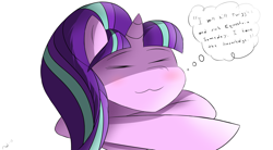 Size: 2000x1100 | Tagged: safe, artist:the4thhomunculus, starlight glimmer, pony, unicorn, :3, blushing, eyes closed, simple background, sleeping, smiling, solo, thought bubble, white background, x3