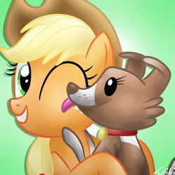 Size: 800x800 | Tagged: safe, artist:leibi97, applejack, winona, dog, earth pony, pony, licking, one eye closed, signature, smiling, tongue out