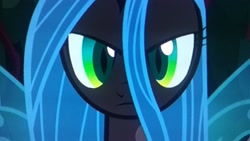 Size: 2560x1440 | Tagged: safe, screencap, queen chrysalis, changeling, changeling queen, the mean 6, blue changeling, close-up, female, fourth wall, looking at you, picture of a screen, solo