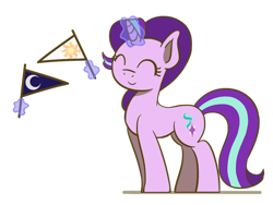 Size: 1280x960 | Tagged: safe, artist:flutterluv, starlight glimmer, pony, unicorn, banner, eyes closed, flag, magic, simple background, smiling, solo, starlight day, starlight glimmer day, telekinesis, white background