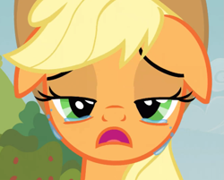 Size: 891x715 | Tagged: safe, screencap, applejack, earth pony, pony, apple family reunion, bust, cropped, crying, female, mare, portrait, teary eyes, unhapplejack