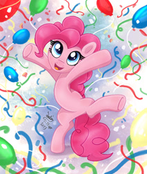 Size: 1100x1300 | Tagged: safe, artist:joakaha, pinkie pie, earth pony, pony, balloon, bipedal, cute, diapinkes, female, mare, open mouth, solo