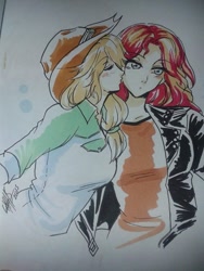 Size: 540x720 | Tagged: safe, artist:gyrhs, applejack, sunset shimmer, equestria girls, appleshimmer, female, freckles, humanized, kiss on the cheek, kissing, lesbian, shipping, traditional art