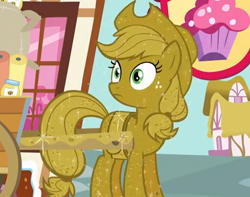 Size: 452x356 | Tagged: safe, screencap, applejack, earth pony, pony, apple family reunion, cart, cropped, female, luster dust, mare, solo, surprised, wide eyes