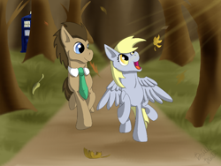 Size: 800x600 | Tagged: safe, artist:brookreed, derpy hooves, doctor whooves, pegasus, pony, doctor who, female, leaf, leaves, mare, necktie, tardis, walking