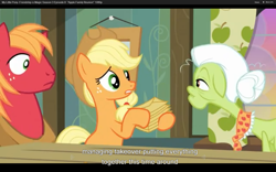 Size: 1680x1050 | Tagged: safe, screencap, applejack, big macintosh, granny smith, earth pony, pony, apple family reunion, male, stallion, youtube caption