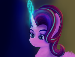 Size: 1270x953 | Tagged: artist needed, source needed, safe, starlight glimmer, pony, unicorn, glowing horn, gradient background, magic, smiling, solo