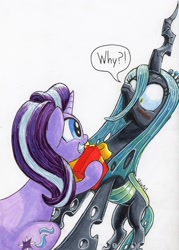 Size: 1536x2146 | Tagged: safe, artist:stewart501st, queen chrysalis, starlight glimmer, changeling, changeling queen, pony, unicorn, blushing, dialogue, female, mare, present, speech bubble