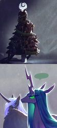 Size: 930x2104 | Tagged: safe, artist:begasus, nightmare moon, queen chrysalis, changedling, changeling, changeling queen, ..., christmas, christmas tree, chrysmoon, female, holiday, lesbian, shipping, tree