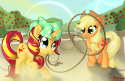 Size: 1400x900 | Tagged: safe, artist:sunsetcrady, applejack, sunset shimmer, earth pony, pony, unicorn, appleshimmer, clothes, cute, female, headpiece, jackabetes, lesbian, rodeo, rope, shimmerbetes, shipping, veil