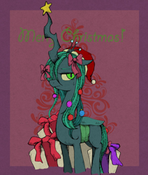 Size: 1200x1414 | Tagged: safe, artist:awk44, queen chrysalis, changeling, changeling queen, christmas, christmas changeling, female, hat, holiday, looking at you, present, santa hat, solo
