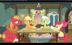 Size: 1680x1050 | Tagged: safe, screencap, apple bloom, applejack, big macintosh, granny smith, earth pony, pony, apple family reunion, male, stallion, youtube caption