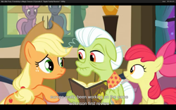 Size: 1680x1050 | Tagged: safe, screencap, apple bloom, applejack, granny smith, earth pony, pony, apple family reunion, youtube caption