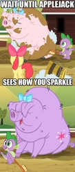 Size: 471x1080 | Tagged: safe, derpibooru import, edit, edited screencap, screencap, apple bloom, spike, twilight sparkle, dragon, earth pony, pig, pony, spike at your service, caption, image macro, little piggington, pun