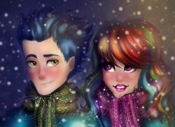 Size: 721x522 | Tagged: safe, artist:dagnesmoon, derpibooru import, rainbow dash, soarin', human, clothes, female, humanized, male, multicolored hair, shipping, smiling, snow, snowfall, soarindash, straight