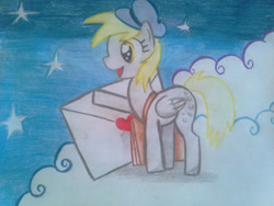 Size: 1024x768 | Tagged: safe, artist:xwhitedreamsx, derpy hooves, pegasus, pony, bag, cloud, female, hat, letter, mail, mailbag, mare, solo, stars, traditional art