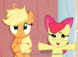 Size: 939x692 | Tagged: safe, edit, edited screencap, screencap, apple bloom, applejack, earth pony, pony, apple family reunion, bed, caption, female, filly, mare, on back, out of context, pillow, youtube caption