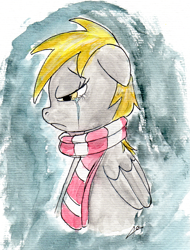 Size: 1473x1943 | Tagged: safe, artist:legaffeur, derpy hooves, pegasus, pony, clothes, crying, female, mare, painting, sad, scarf, solo, traditional art, watercolor painting