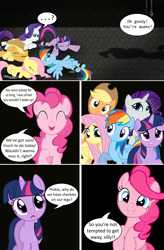 Size: 1655x2523 | Tagged: safe, artist:reitanna-seishin, derpibooru import, applejack, fluttershy, pinkie pie, rainbow dash, rarity, twilight sparkle, earth pony, pegasus, pony, unicorn, fanfic:cupcakes, comic, pinkie's party, this will end in tears, this will end in tears and/or death