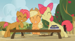 Size: 851x466 | Tagged: safe, screencap, apple bloom, applejack, babs seed, earth pony, pony, apple family reunion, grin, perspective