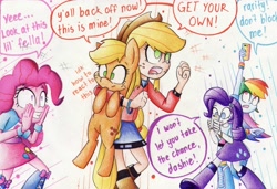 Size: 3267x2230 | Tagged: safe, artist:mustachedbain, derpibooru import, applejack, pinkie pie, rainbow dash, rarity, earth pony, pony, equestria girls, cellphone, clothes, female, human ponidox, mare, phone, self ponidox, traditional art, y'all