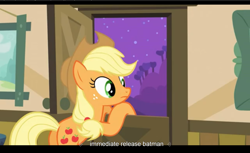 Size: 1680x1028 | Tagged: safe, screencap, applejack, earth pony, pony, apple family reunion, batman, youtube caption