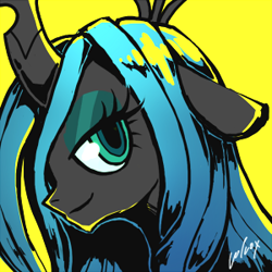 Size: 300x300 | Tagged: safe, artist:volvolvox, queen chrysalis, changeling, changeling queen, bust, cute, cutealis, floppy ears, head only, icon, lidded eyes, portrait, signature, simple background, solo, yellow background