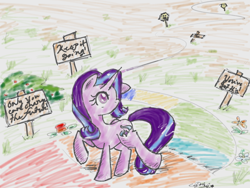 Size: 1024x768 | Tagged: safe, artist:dotoli, starlight glimmer, pony, unicorn, bush, colored, floppy ears, flower, raised hoof, raised leg, sign, solo, walking