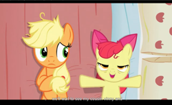 Size: 1680x1028 | Tagged: safe, edit, edited screencap, screencap, apple bloom, applejack, earth pony, pony, apple family reunion, bed, caption, female, filly, lidded eyes, mare, on back, pillow, youtube caption