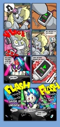 Size: 605x1280 | Tagged: safe, artist:theburningdonut, derpy hooves, dj pon-3, vinyl scratch, pegasus, pony, comic, exploitable meme, female, flash gordon, flash sentry savior of the universe, mare, meme, misspelling, queen (band), shocked