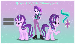 Size: 2544x1520 | Tagged: safe, artist:andoanimalia, artist:dashiesparkle, artist:sunsetshimmer333, starlight glimmer, pony, unicorn, equestria girls, mirror magic, spoiler:eqg specials, abstract background, boots, clothes, equal cutie mark, evil, female, good, hand on hip, high heel boots, looking at you, mare, open mouth, pants, raised hoof, solo, starlight glimmer day, triple the glimmer, underhoof