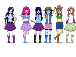 Size: 800x600 | Tagged: safe, artist:sarahfaded510, derpibooru import, applejack, fluttershy, pinkie pie, rainbow dash, rarity, twilight sparkle, human, equestria girls, alternate hairstyle, boots, clothes, cowboy hat, denim skirt, female, hat, humanized, kisekae, mane six, pleated skirt, shoes, simple background, skirt, socks, stetson, transparent background