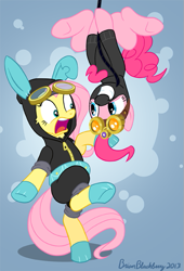 Size: 451x662 | Tagged: safe, artist:brianblackberry, fluttershy, pinkie pie, earth pony, pegasus, pony, bunny ears, catsuit, clothes, dangerous mission outfit, female, goggles, hoodie, mare, pinkie spy, rope, underhoof, upside down