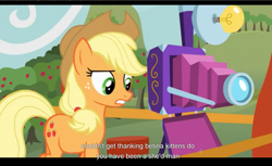 Size: 1680x1028 | Tagged: safe, screencap, applejack, earth pony, pony, apple family reunion, female, mare, youtube caption