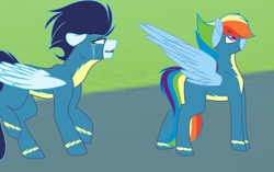 Size: 1024x644 | Tagged: safe, artist:mlp-zap-apple, derpibooru import, rainbow dash, soarin', pegasus, pony, alternate hairstyle, clothes, crying, female, male, shipping, soarindash, story included, straight, uniform, wonderbolts uniform