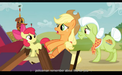 Size: 1680x1028 | Tagged: safe, screencap, apple bloom, applejack, granny smith, earth pony, pony, apple family reunion, youtube caption