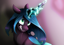 Size: 2204x1540 | Tagged: source needed, safe, artist:erroremma, queen chrysalis, changeling, changeling queen, angry, changelings in the comments, female, mare, queen, simple background, solo, villainous breakdown